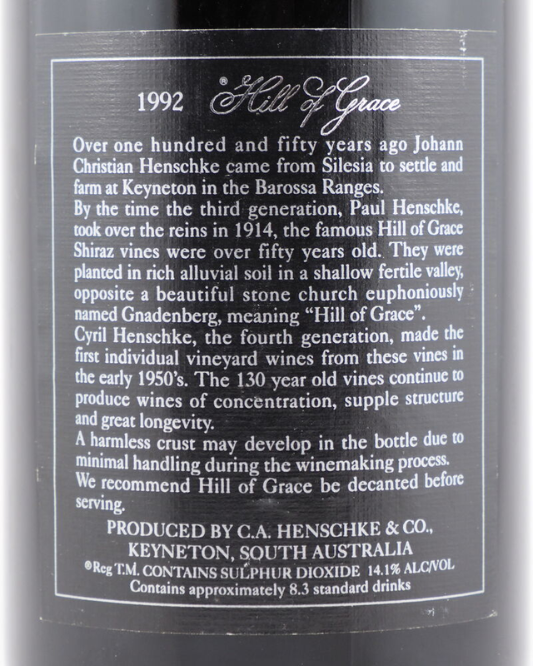 1992 Henschke Hill of Grace Shiraz 750ml back label
