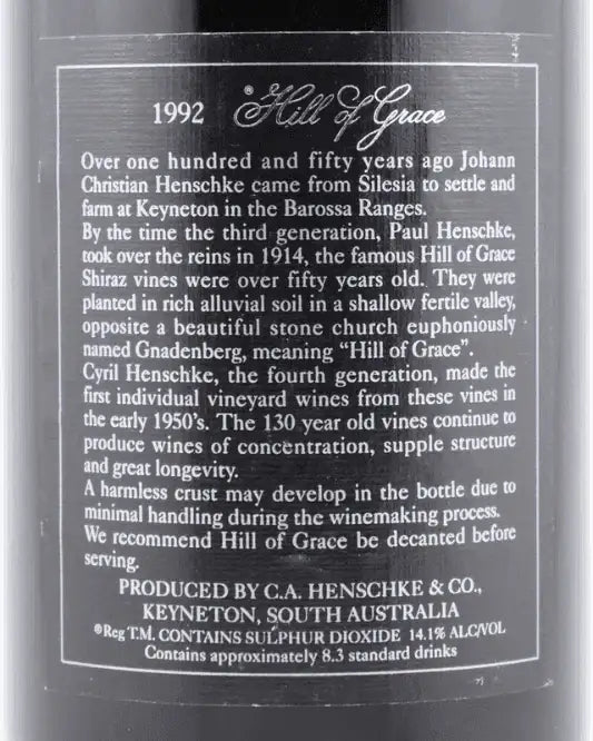 1992 Henschke Hill of Grace Shiraz 750ml back label